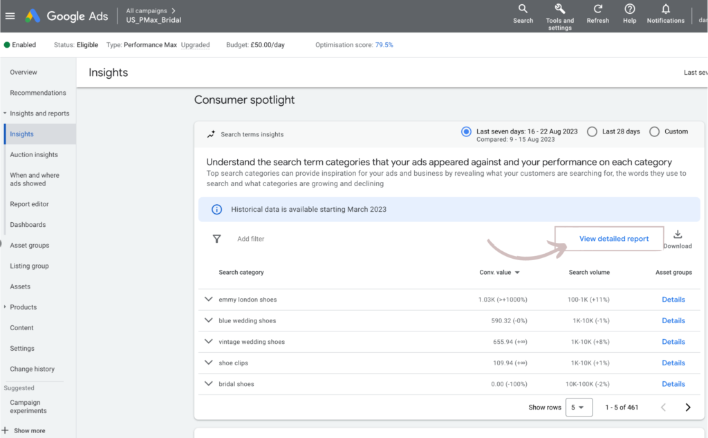 pmax insights report search terms